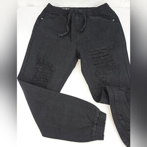 NWT 8th Of LA Black Distressed Jogger Boyfriend Jeans Pull-On Drawstring 3351-P